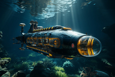 深海里的潜水艇背景图片