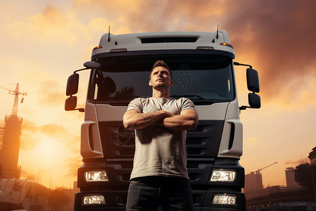 男子双臂交叉站在卡车前图片