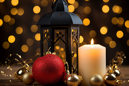 蜡烛和圣诞球背景图片