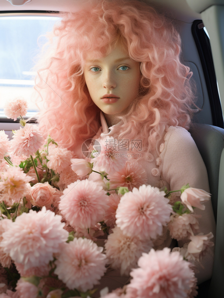 粉发少女沉浸在花朵中图片