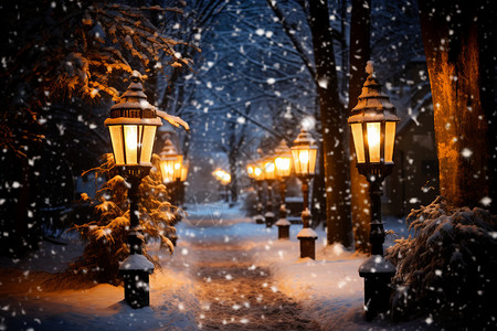下雪路灯冬日童话设计图片