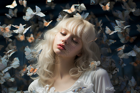 白蝴蝶中间的白发少女背景图片