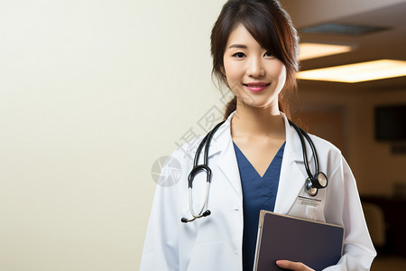 女医生手握文件夹和听诊器图片