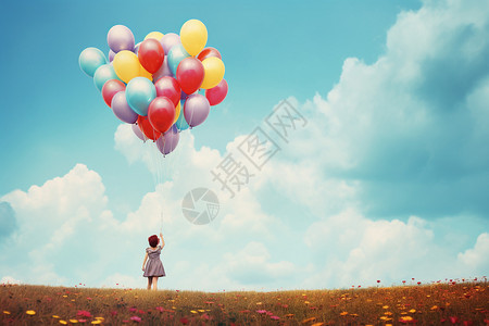 女孩挥舞彩色气球背景图片