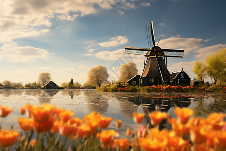 荷兰的风车背景图片