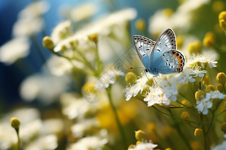 蝴蝶停在白色花朵上背景图片