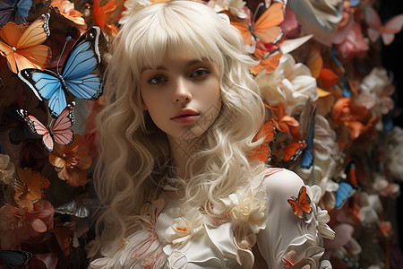 白发女孩与蝴蝶背景图片