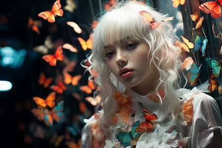 蝴蝶萦绕的白发女子图片