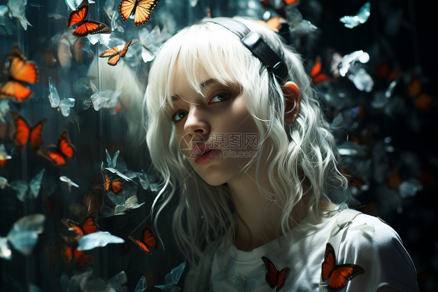白发女子与蝴蝶的照片图片