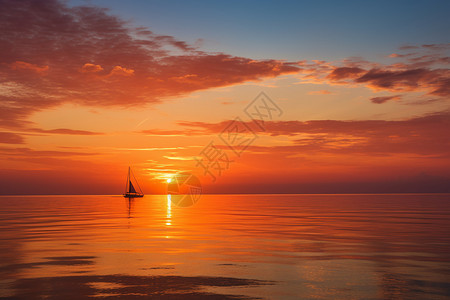 夕阳余晖下海中的帆船图片