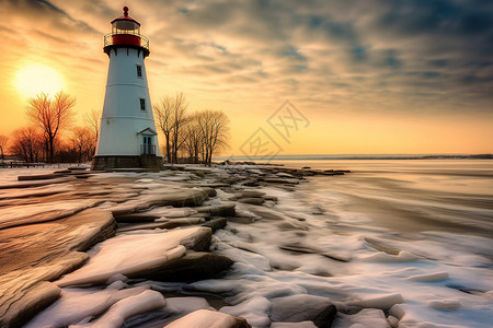 后海冬天雪后海岸上的灯塔背景