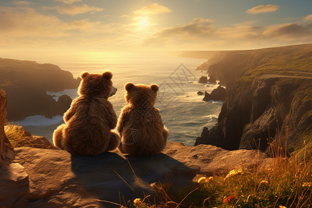 两只熊坐在悬崖上看日落图片