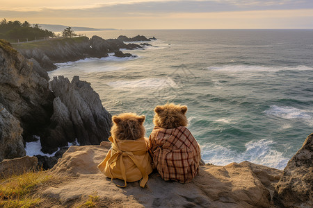 两只熊坐在悬崖边看海面风景图片