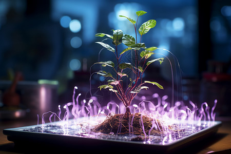 紫色光效中生长的植物高清图片