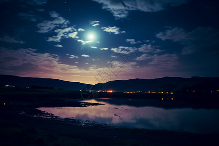 光球素材湖泊上的满月夜晚背景