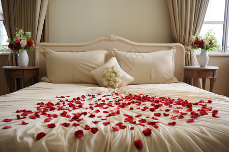 洒满花瓣的浪漫双人床图片