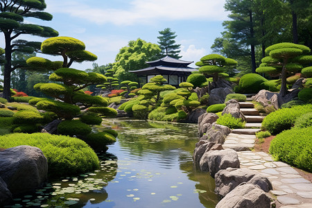 日式庭院中的池塘景观背景图片