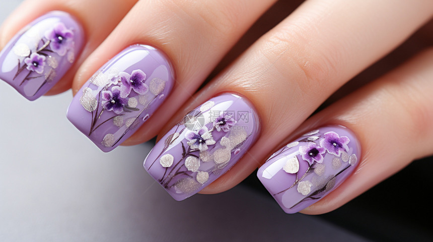 花朵手绘紫色系美甲图片