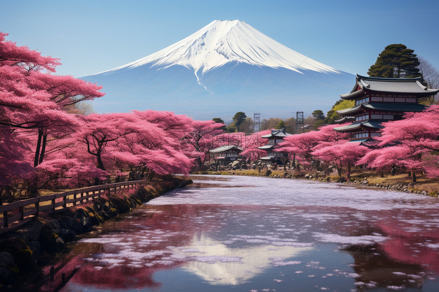 富士山下盛开的樱花公园图片