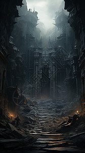 幽深林中的古堡废墟背景图片