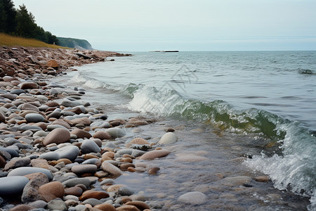 大海交融地平线卵石滩高清图片