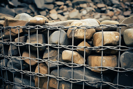 石块堆叠的铁丝网图片