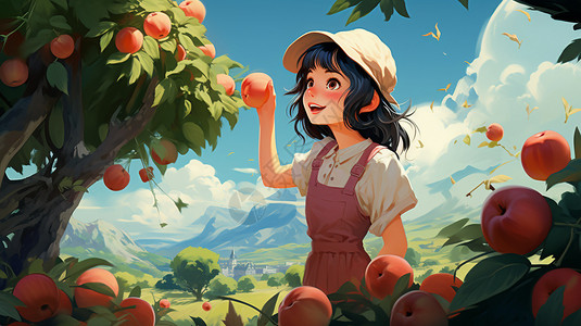 摘苹果小女孩小女孩在苹果园摘苹果插画