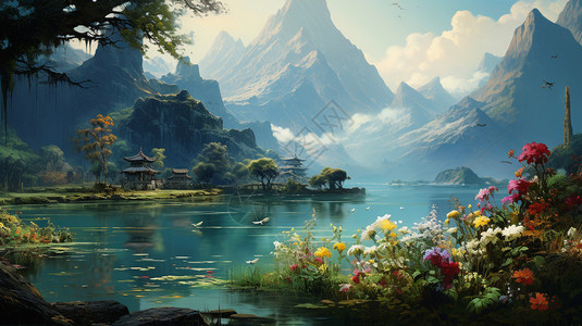 油画长江背景图片