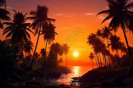 夕阳下的棕榈树与水景图片