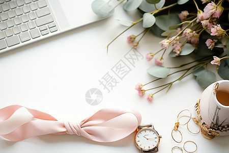淡粉色飘带下的白色桌面图片