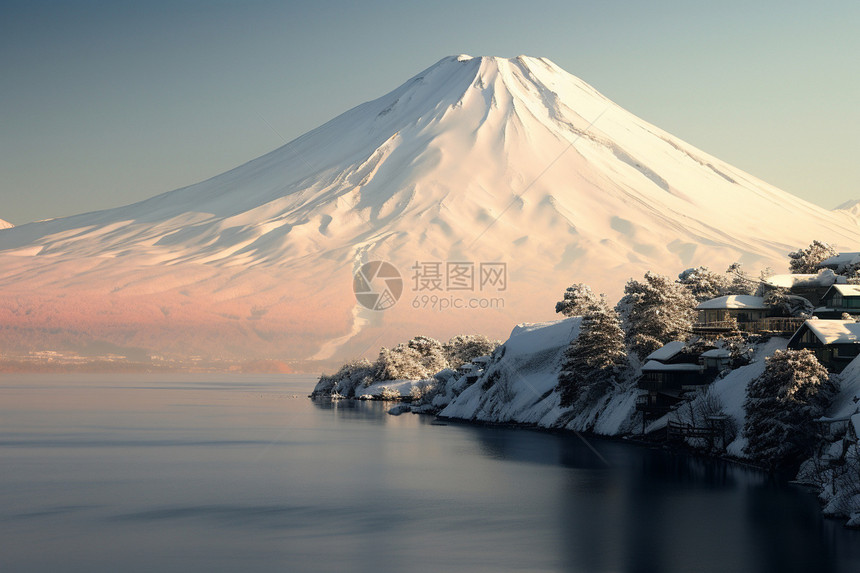 带有湖泊的雪山图片