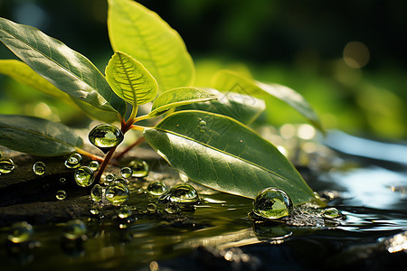 透明绿叶素材水面上的水滴和植物背景