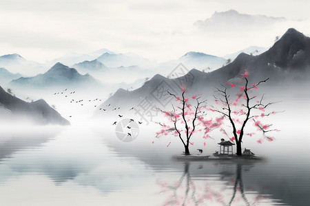 奥岛冬季中国风写意山水画插画