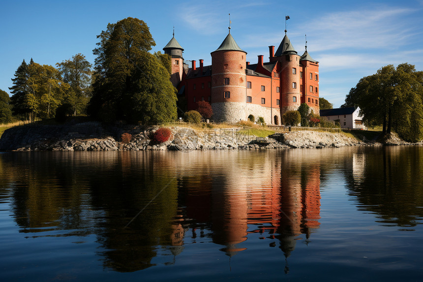 湖畔林间的一座城堡图片