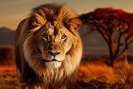 威猛沙漠中树下的狮子背景