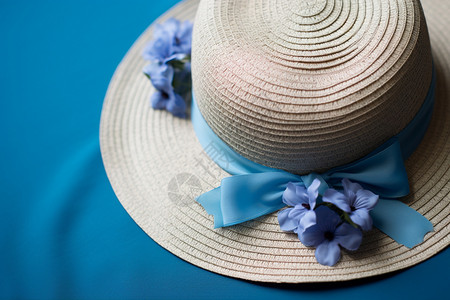 粉蝴蝶结草帽蓝丝带与花朵装饰的草帽背景