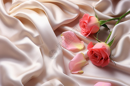 两朵玫瑰花与丝绸图片