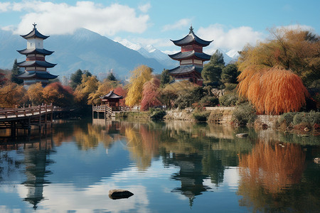 秋天池塘边的古寺图片