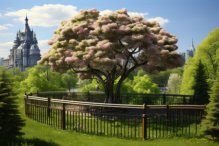 开花树木户外围栏里的一棵树背景