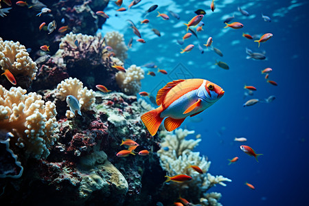 美丽珊瑚鱼群在珊瑚礁周围的海洋中背景