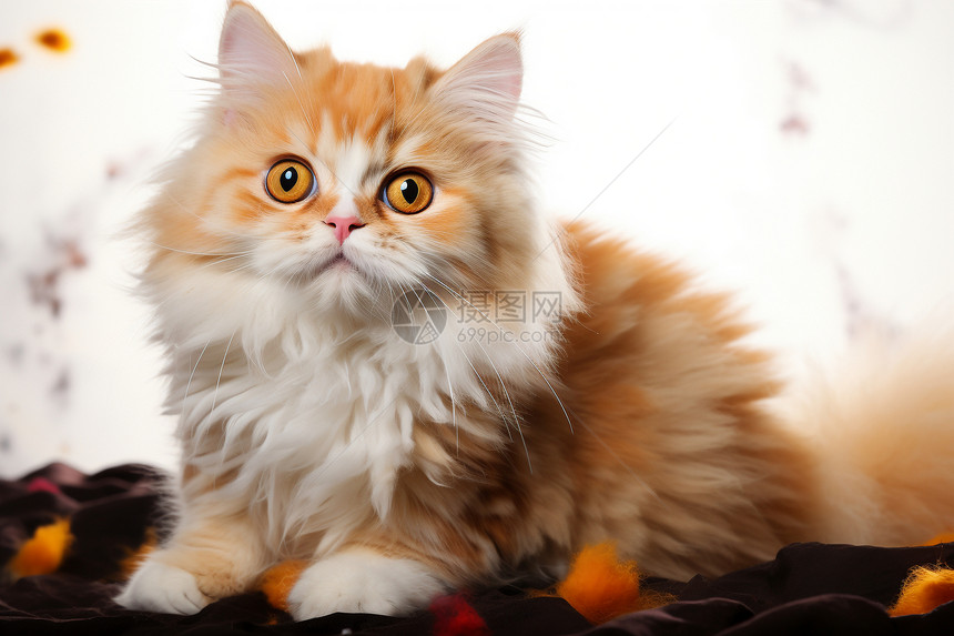 床上的橙色毛茸猫图片