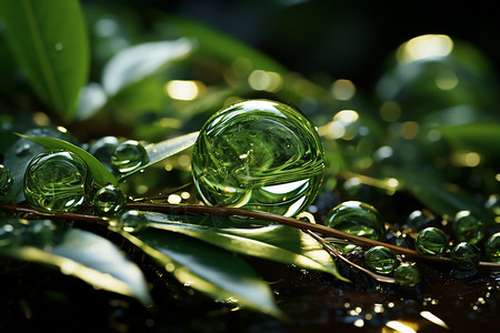 翠绿植物上的水珠微距图片