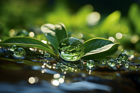 新鲜自然的枝叶和水滴背景图片
