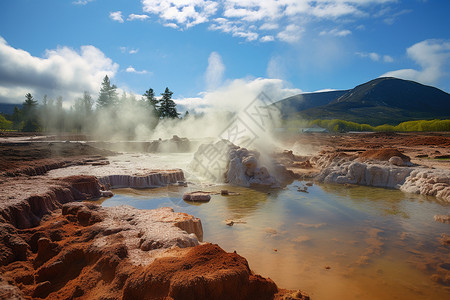 地热公园火山口中的湖泉景色背景