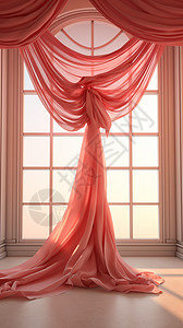室内窗口红色的纱布窗帘背景