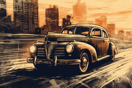 手绘风格的老式汽车背景图片