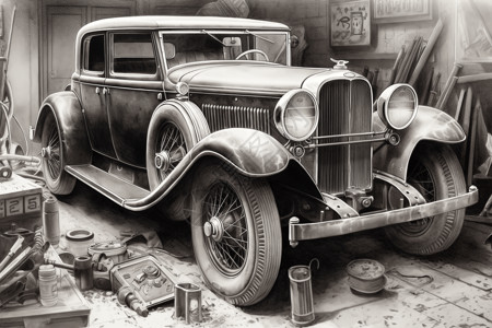 黑白的古董汽车绘画背景图片