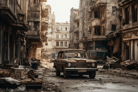 战争废墟汽车停在被炸毁的街道上设计图片