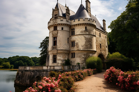 河岸边的法式古典城堡背景图片