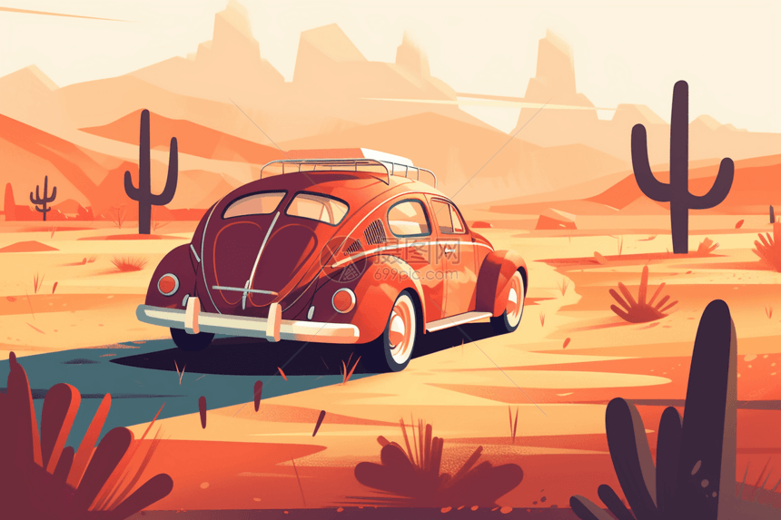 经典汽车在沙漠景观中图片